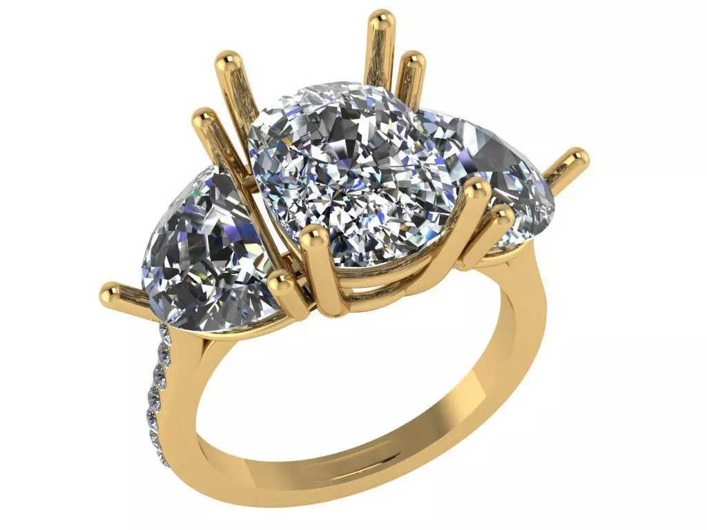 Cusion shape ring and half moon diamonds and pave setting along 3D print model_0