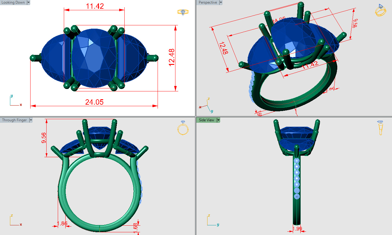 Cusion shape ring and half moon diamonds and pave setting along 3D print model_4