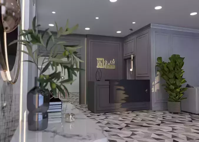 Elegant 3D scene of a modern office reception waiting area