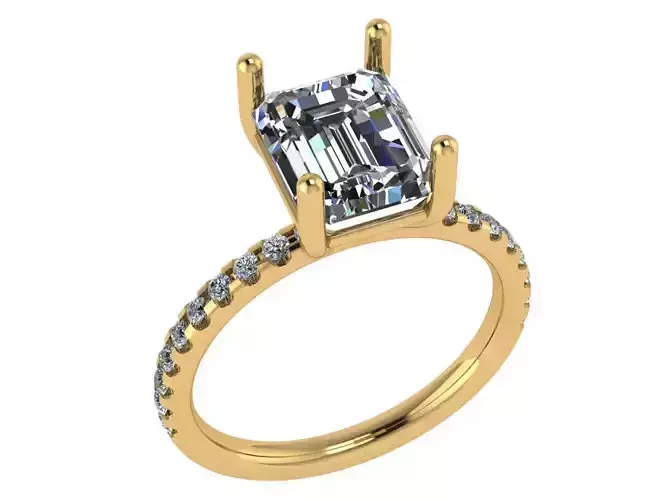 Emerald shape solitaire ring with diamonds on shank