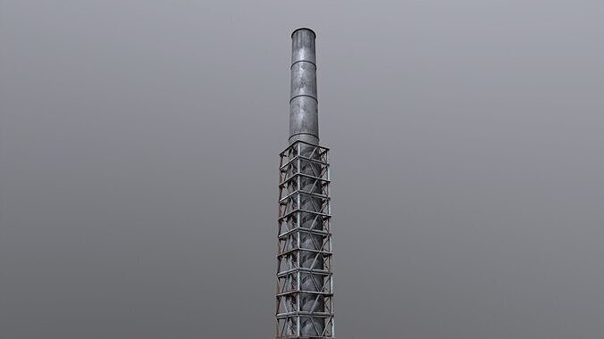 Industrial Smokestack Tower with Steel Support Frame Low-poly 3D model