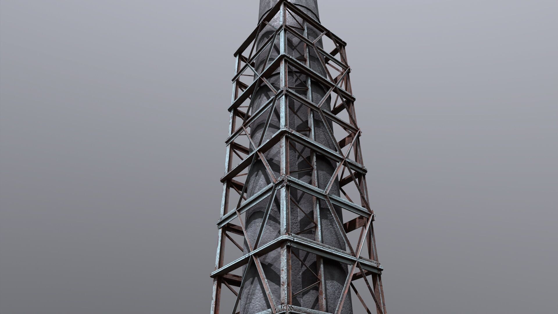 Industrial Smokestack Tower with Steel Support Frame Low-poly 3D model_3