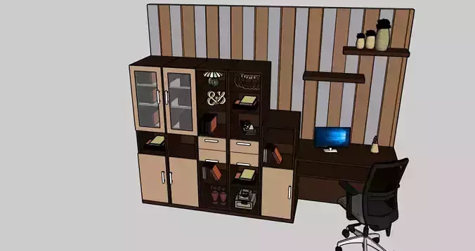 Modern Office Workspace with Storage Cabinet SketchUp 3D Model