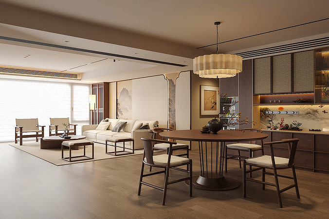 Elegant New Chinese Living and Dining Interior 141 3D model