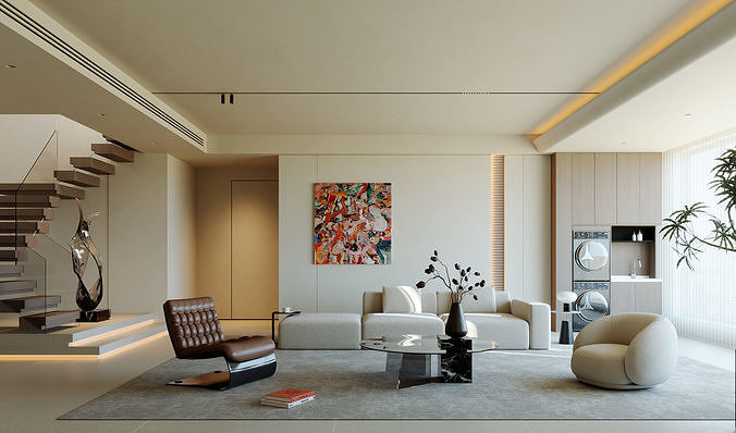 Modern Minimalist Living Room with Art Wall 134 3D model