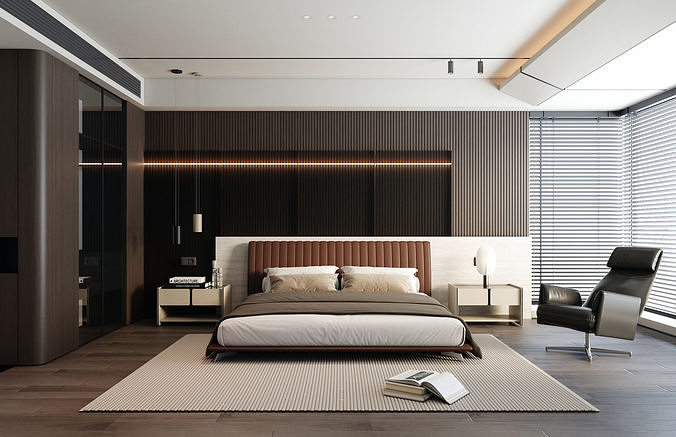 Modern Dark Wood Bedroom with Leather Headboard 127 3D model