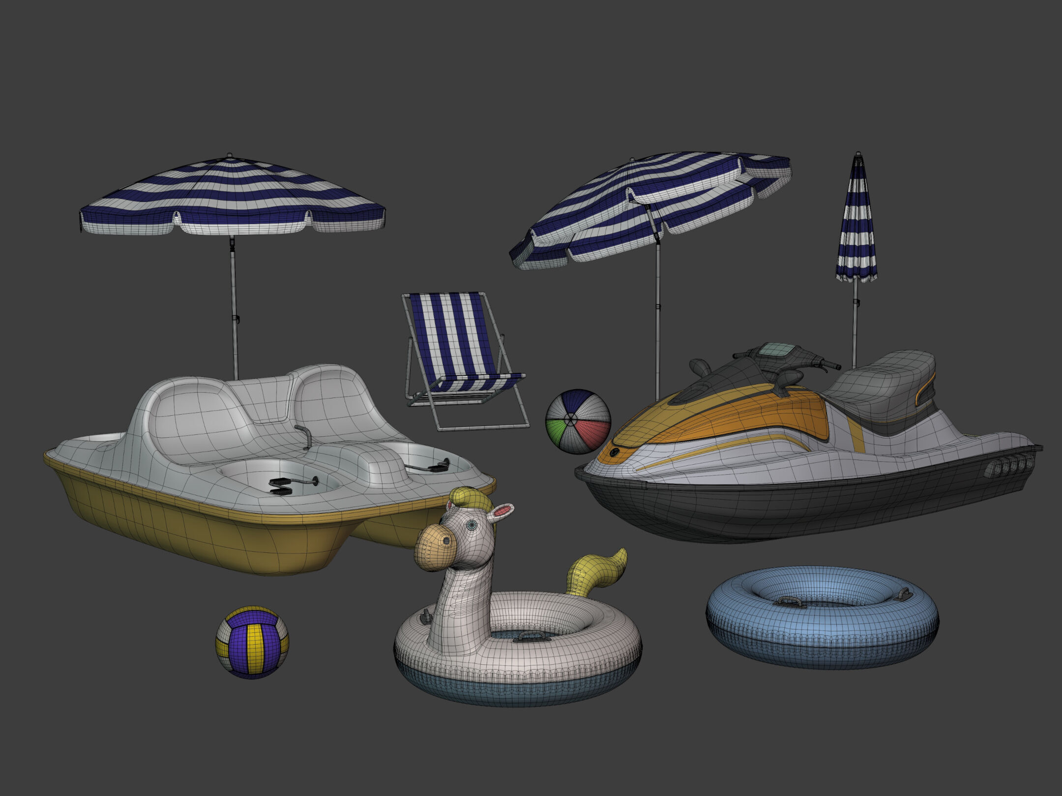Summer Pack -- Umbrella Chair Jet-ski Pedal Boat Swim Ring Ball 3D model_2