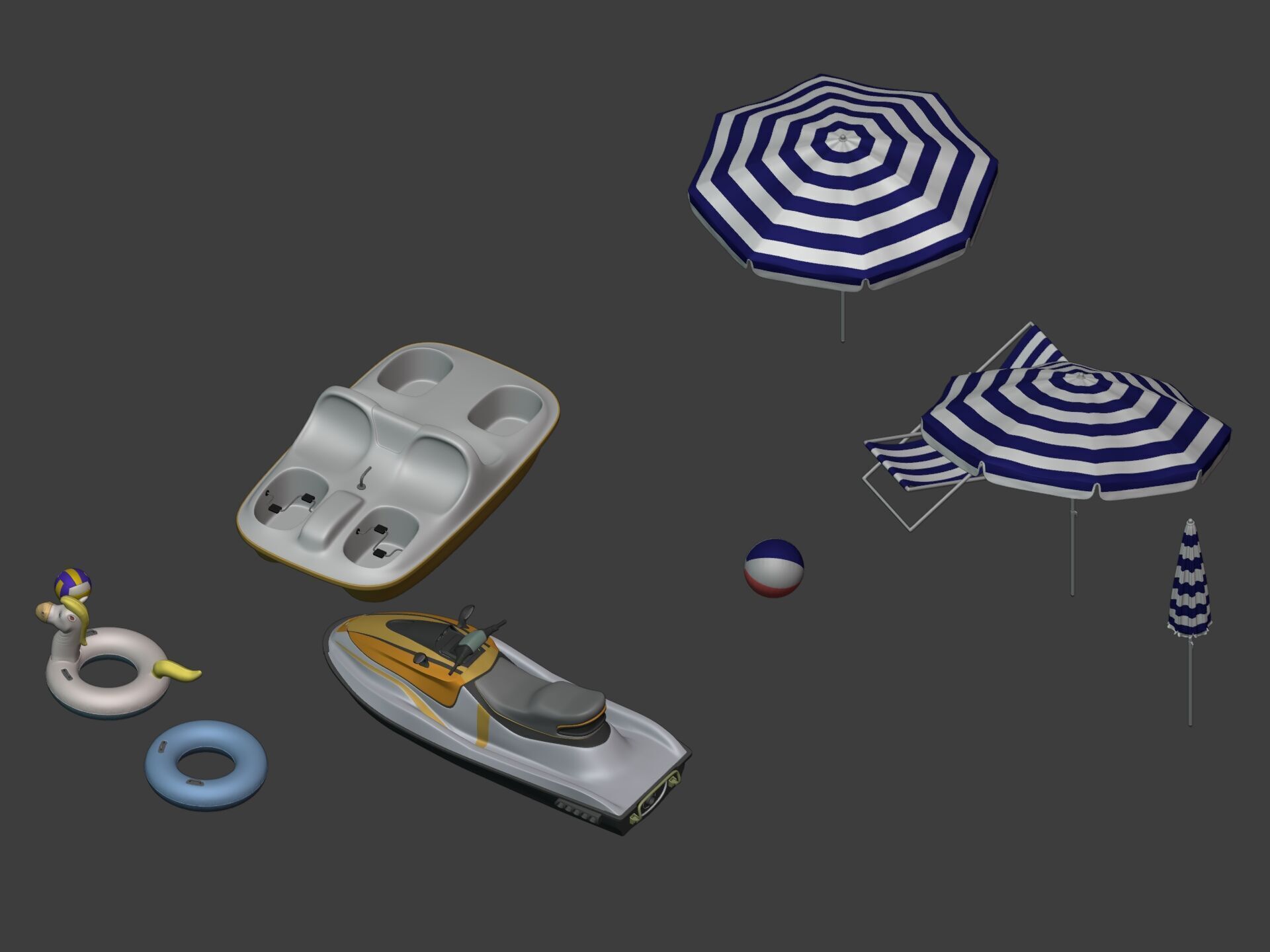 Summer Pack -- Umbrella Chair Jet-ski Pedal Boat Swim Ring Ball 3D model_17