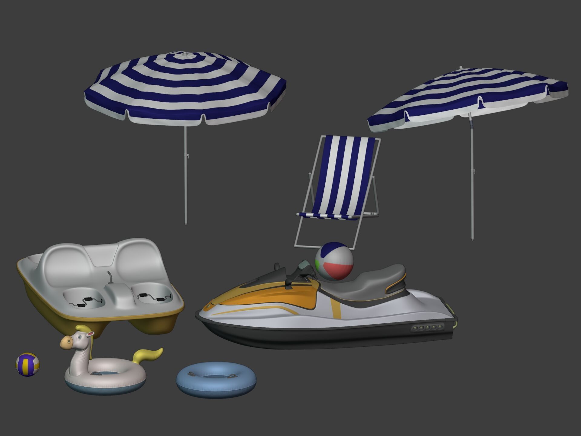 Summer Pack -- Umbrella Chair Jet-ski Pedal Boat Swim Ring Ball 3D model_3