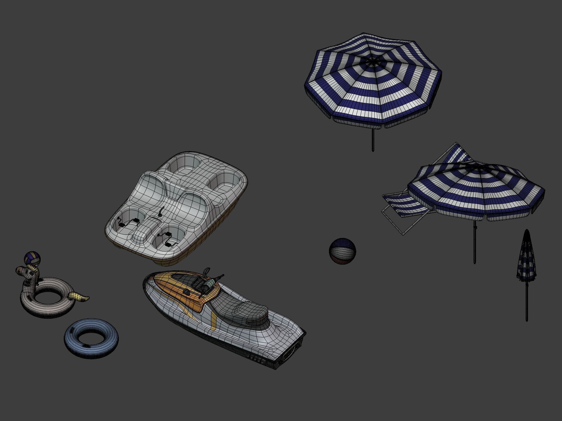 Summer Pack -- Umbrella Chair Jet-ski Pedal Boat Swim Ring Ball 3D model_18