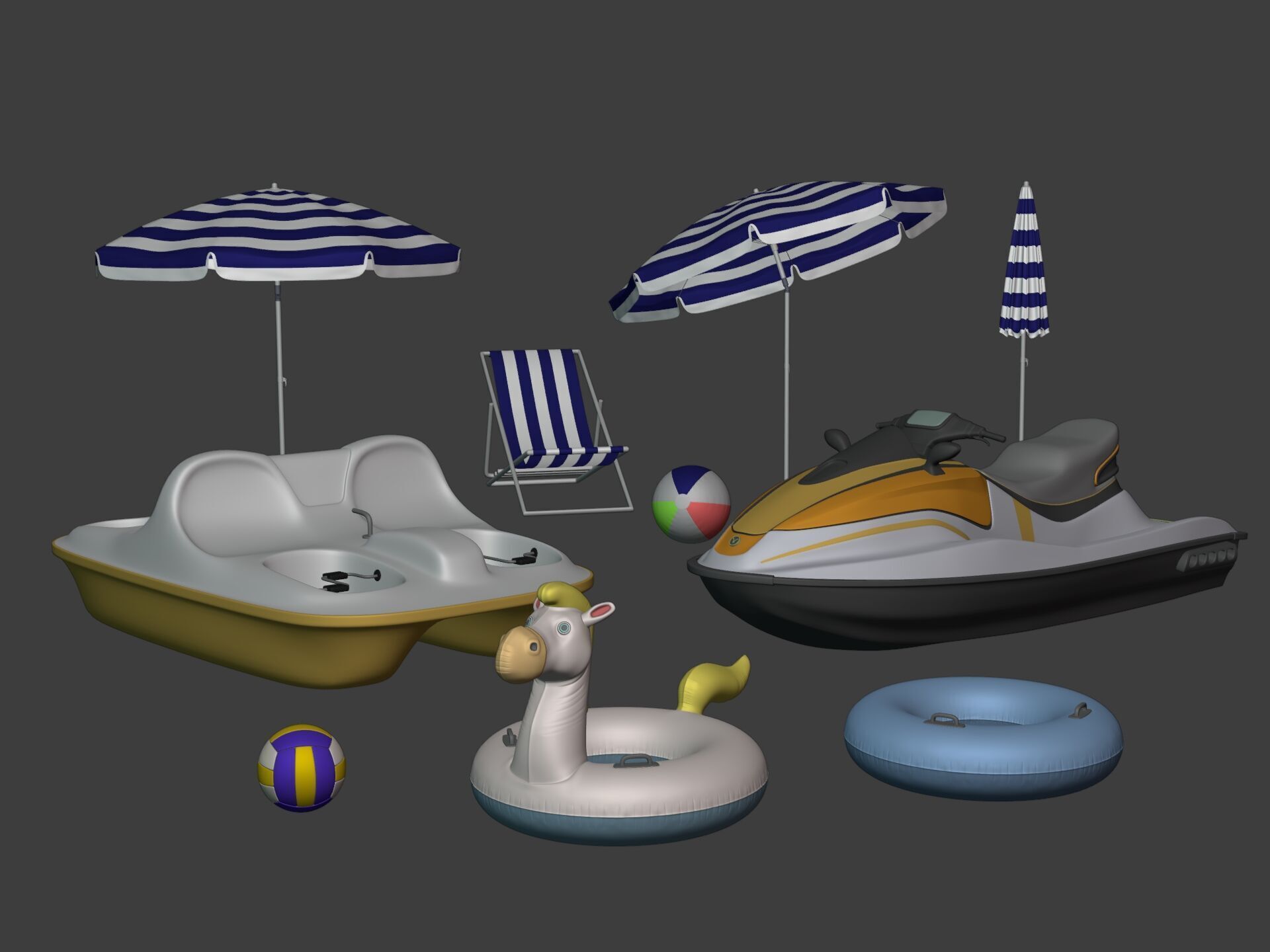 Summer Pack -- Umbrella Chair Jet-ski Pedal Boat Swim Ring Ball 3D model_1