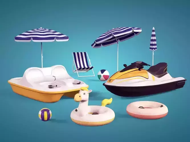 Summer Pack -- Umbrella Chair Jet-ski Pedal Boat Swim Ring Ball 3D model Summer Pack -- Umbrella Chair Jet-ski Pedal Boat Swim Ring Ball 3D model