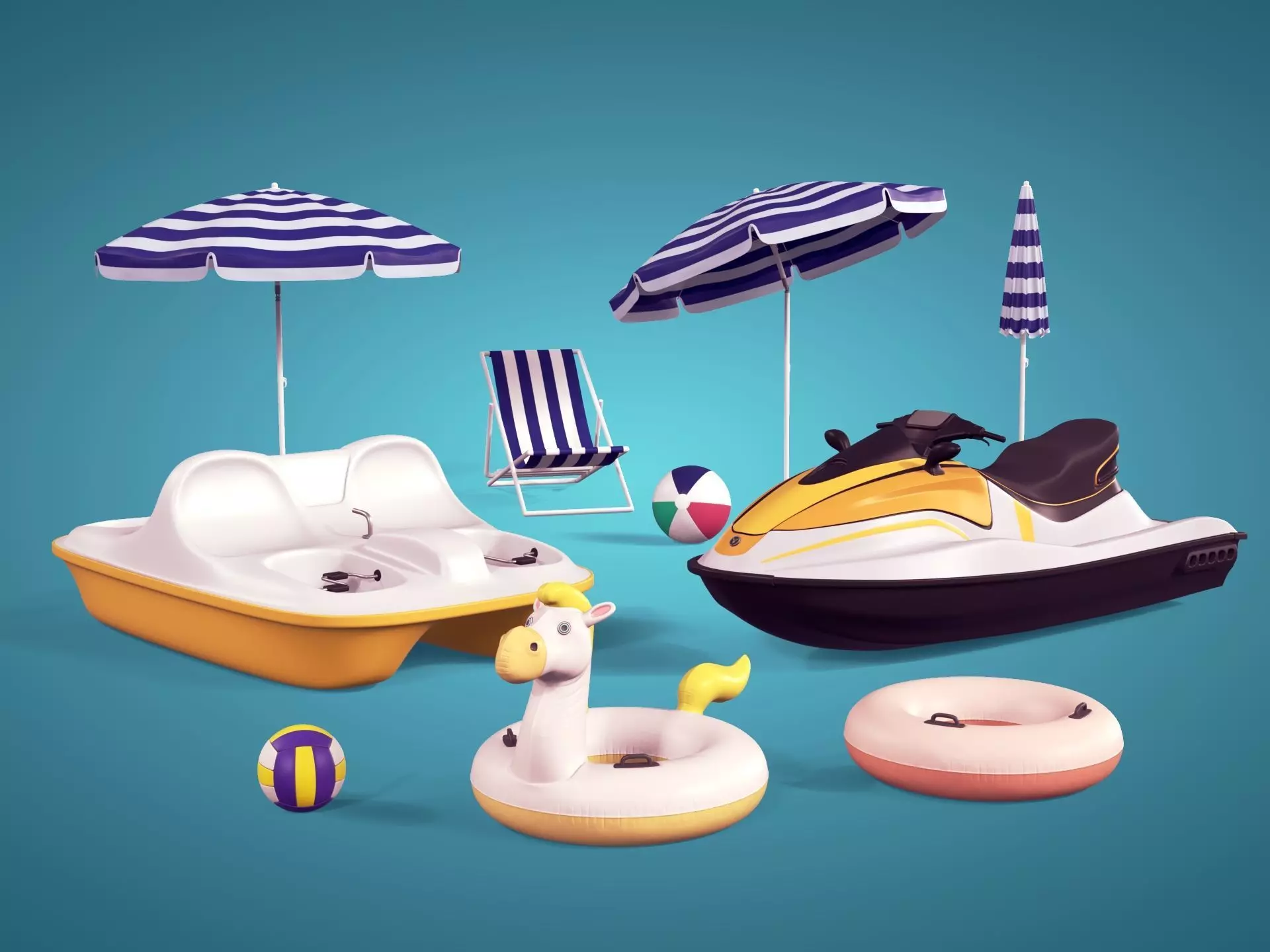 Summer Pack -- Umbrella Chair Jet-ski Pedal Boat Swim Ring Ball 3D model_0