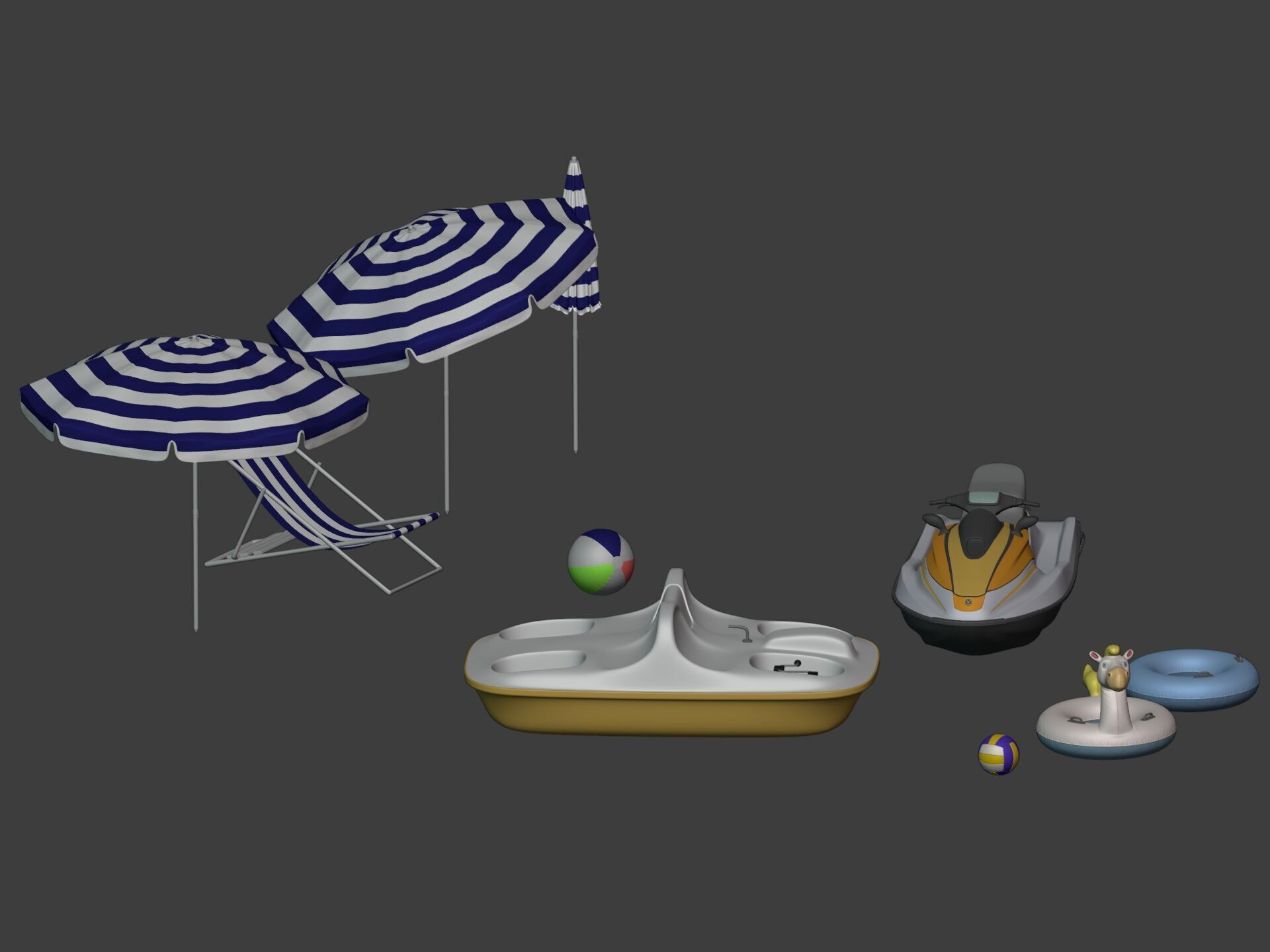 Summer Pack -- Umbrella Chair Jet-ski Pedal Boat Swim Ring Ball 3D model_5