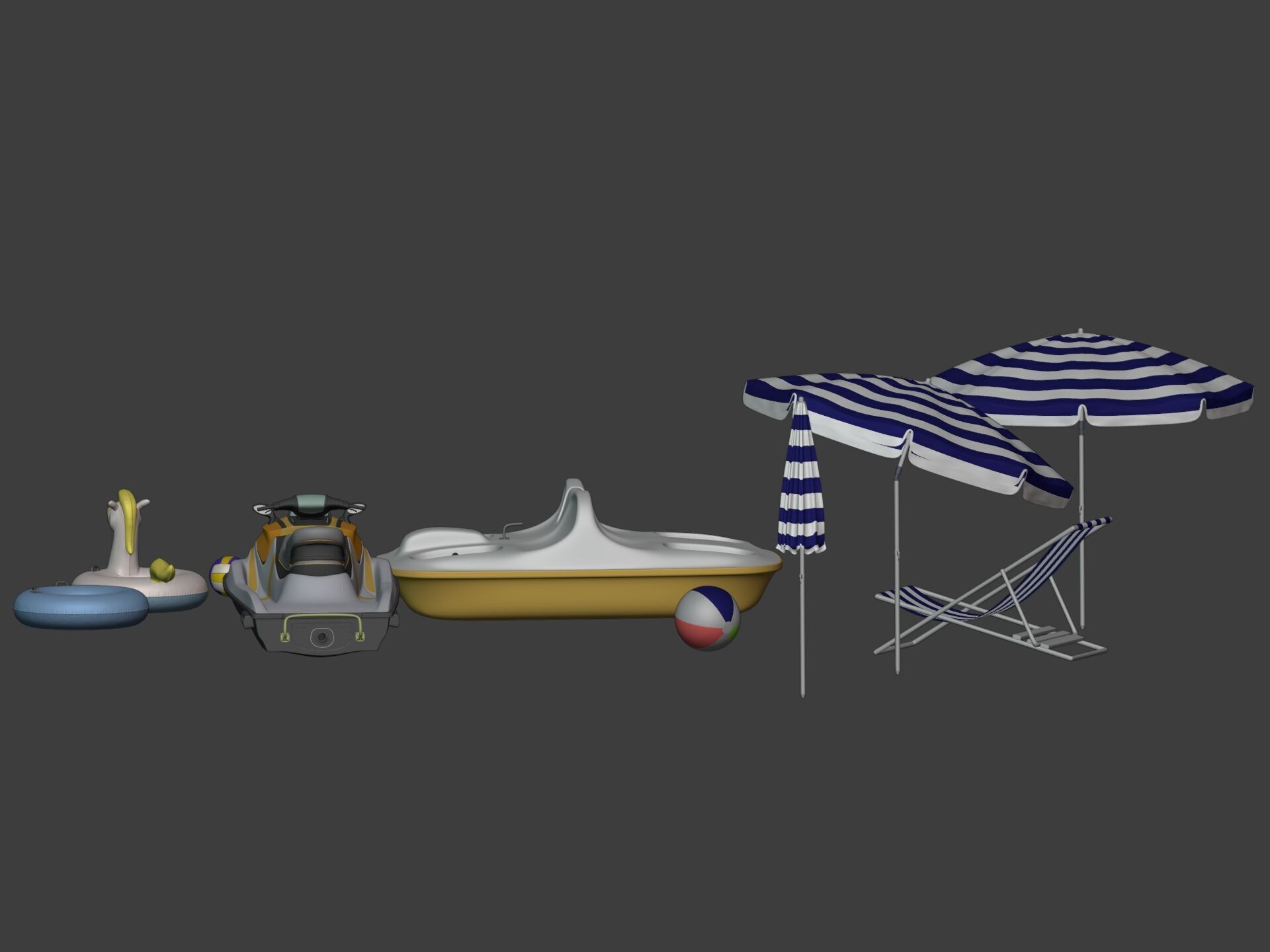 Summer Pack -- Umbrella Chair Jet-ski Pedal Boat Swim Ring Ball 3D model_7