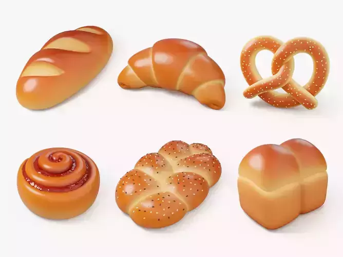 Bakery Bread and Bun 3D Icon Set 3D Model Collection
