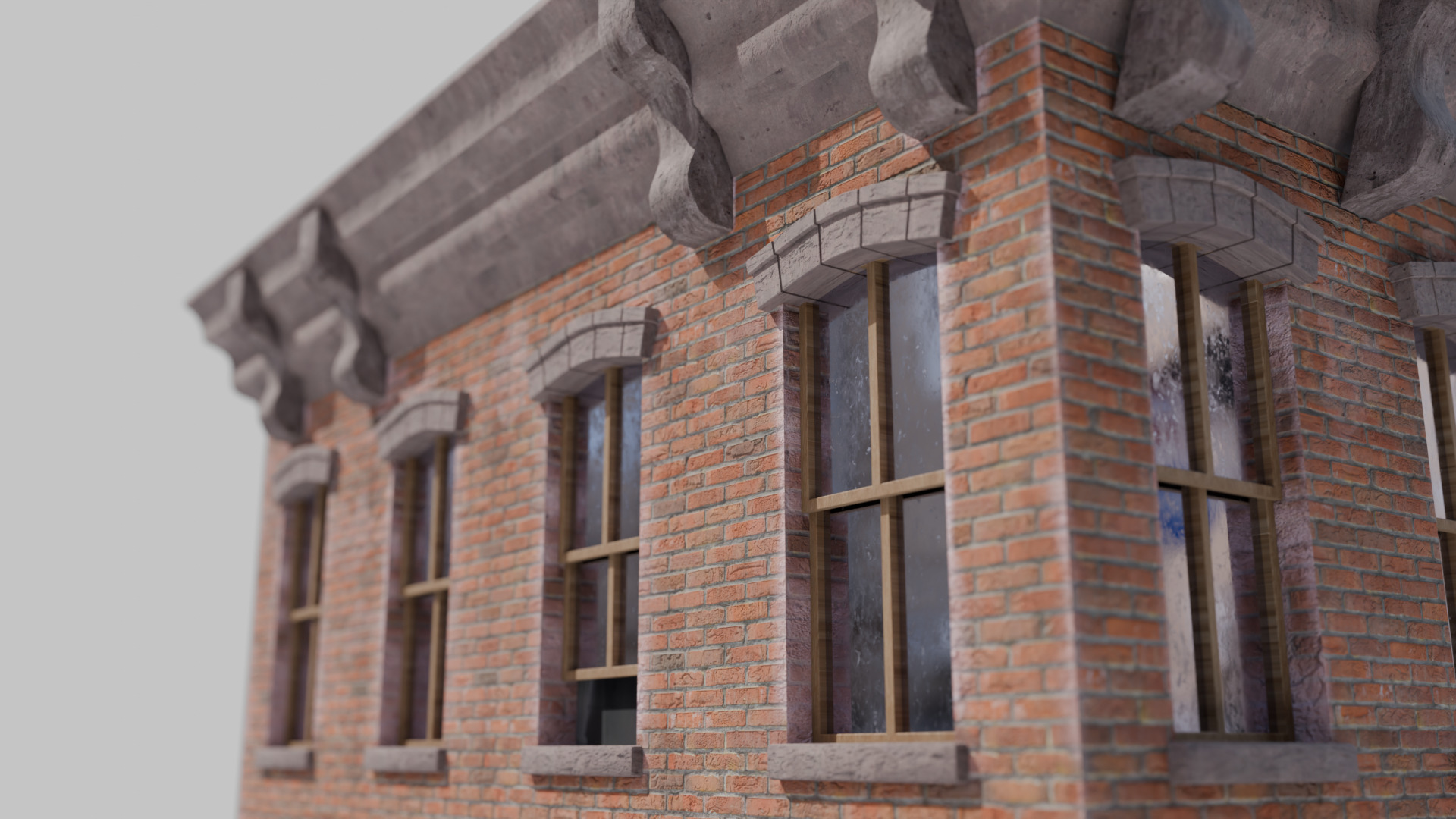 Stylized Narrow Brick Apartment Building with Rooftop Chimneys 3D model_4