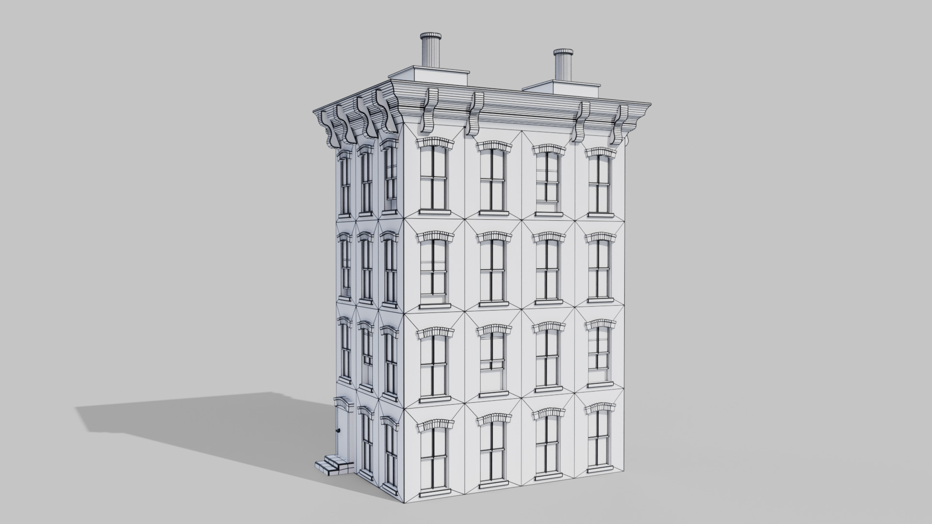 Stylized Narrow Brick Apartment Building with Rooftop Chimneys 3D model_5