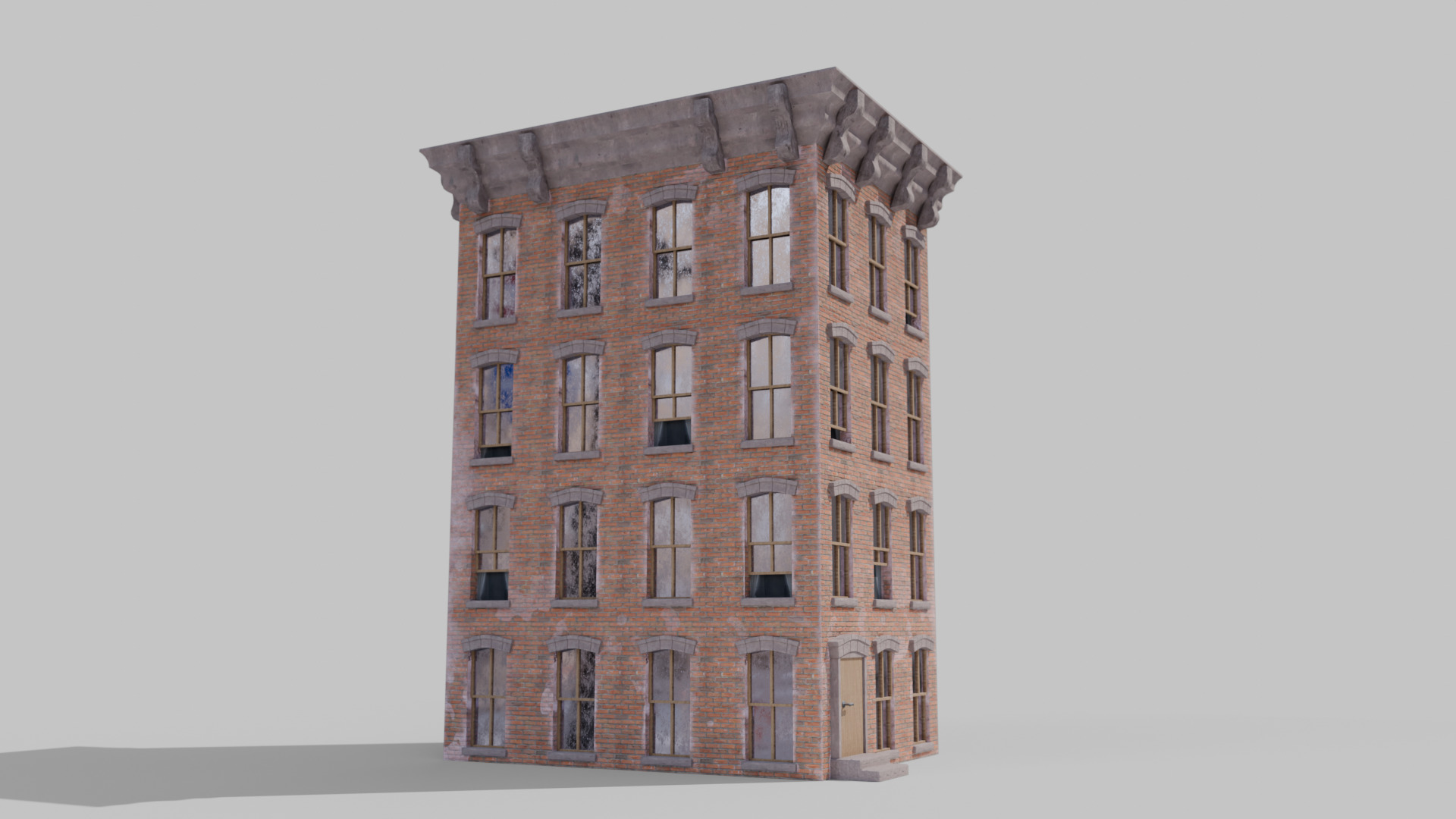 Stylized Narrow Brick Apartment Building with Rooftop Chimneys 3D model_1