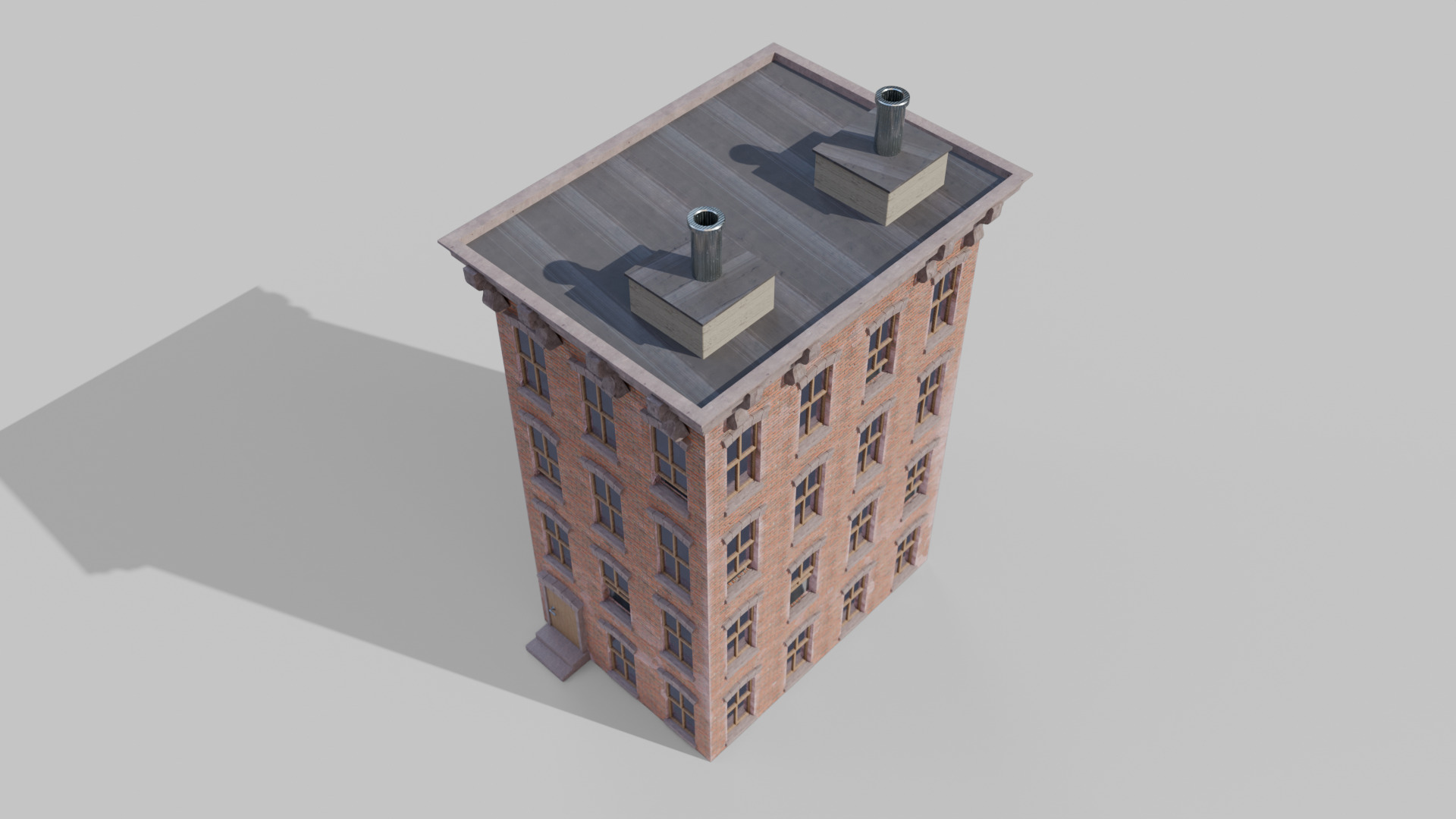 Stylized Narrow Brick Apartment Building with Rooftop Chimneys 3D model_3