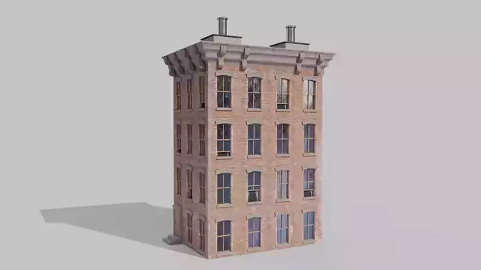 Stylized Narrow Brick Apartment Building with Rooftop Chimneys