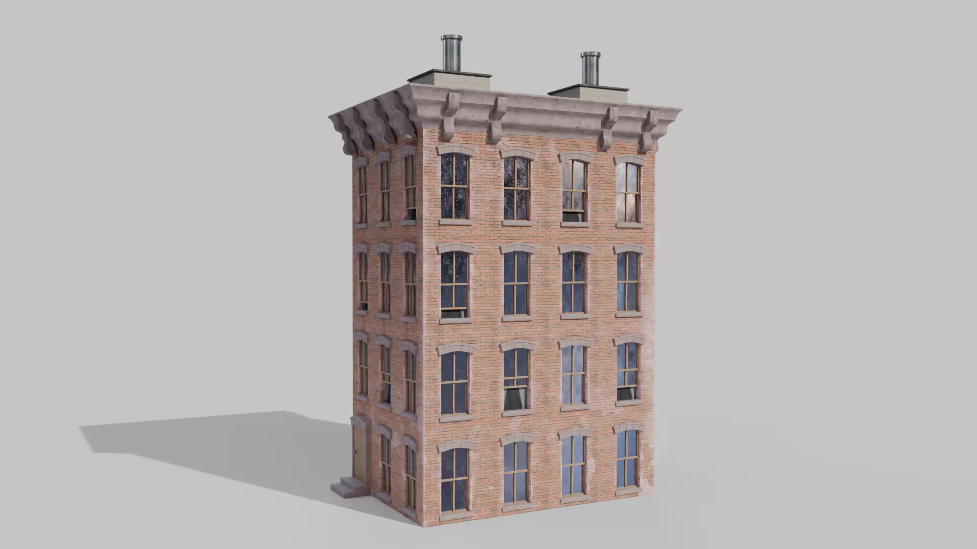 Stylized Narrow Brick Apartment Building with Rooftop Chimneys 3D model_0