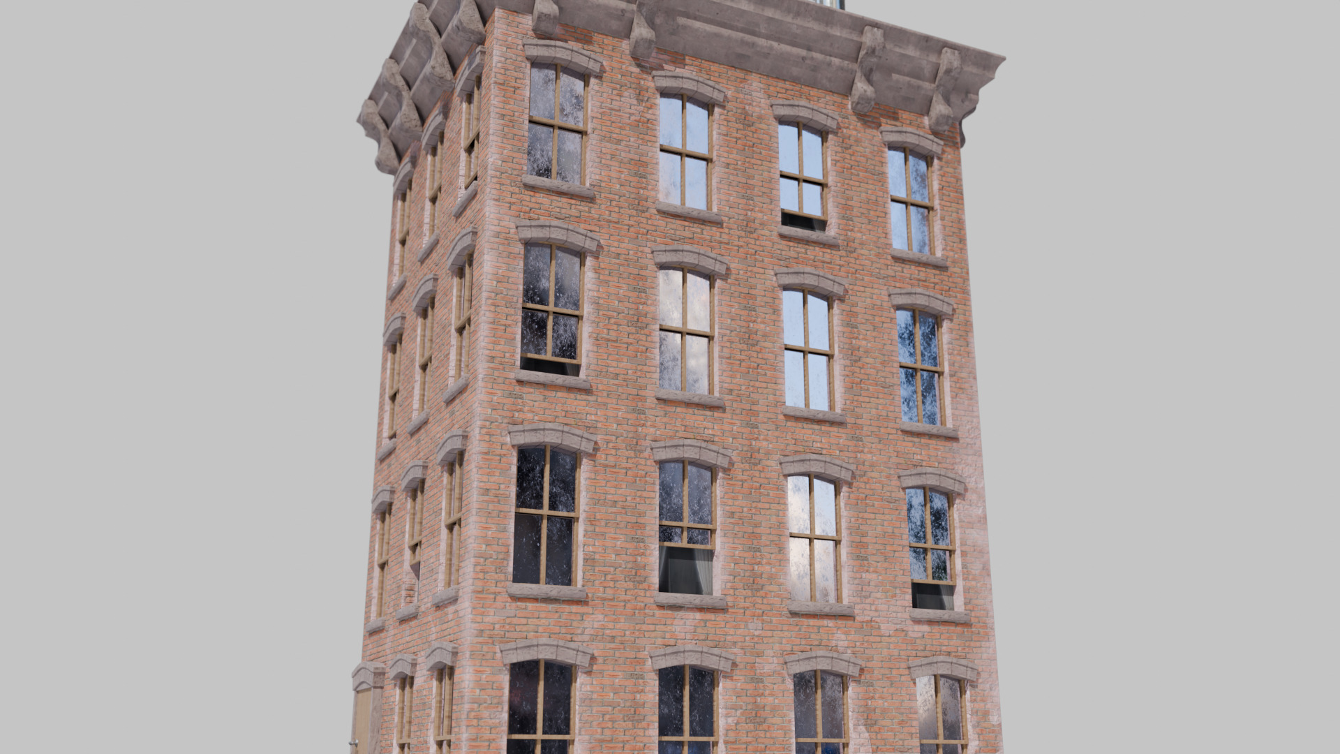 Stylized Narrow Brick Apartment Building with Rooftop Chimneys 3D model_2