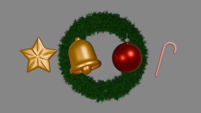 Christmas 3D Asset Pack Wreath Bell Ornament Candy Cane and Star 3D model