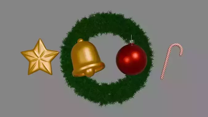 Christmas 3D Asset Pack Wreath Bell Ornament Candy Cane and Star