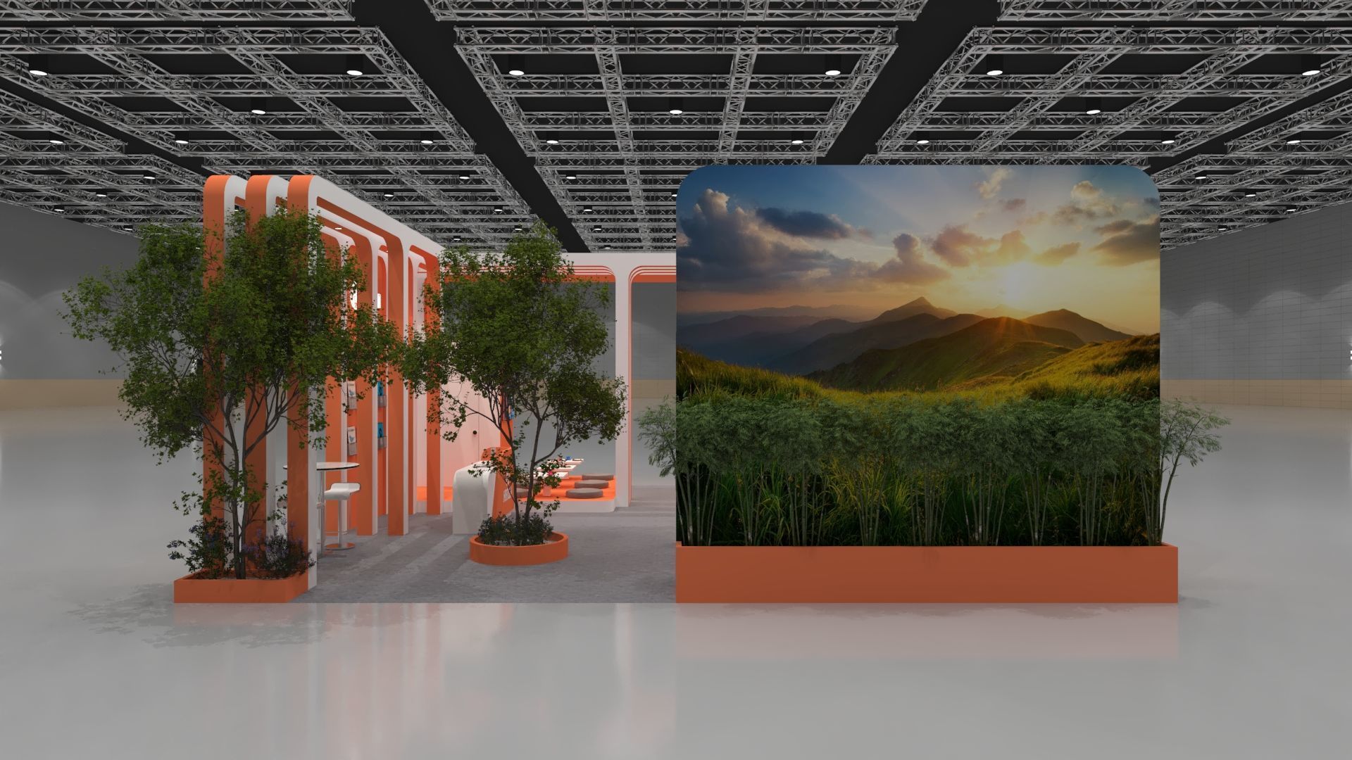 Nature Inspired Modern Exhibition Booth 9x9m Open Concept 3D model_3