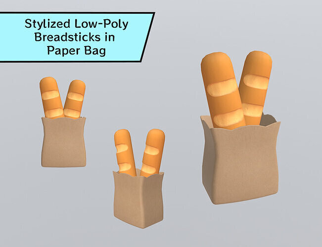 Stylized Low-Poly Breadsticks in Paper Bag Low-poly 3D model