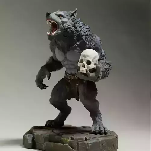 836  Ivory Werewolf Howling with Skull  3D Model  horror beast