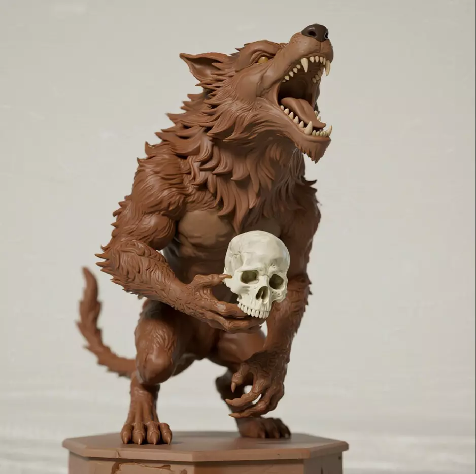 837 Ivory Werewolf Howling with Skull 3D Model beast gothic 3D print model_0