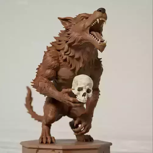 837 Ivory Werewolf Howling with Skull  3D Model  beast gothic