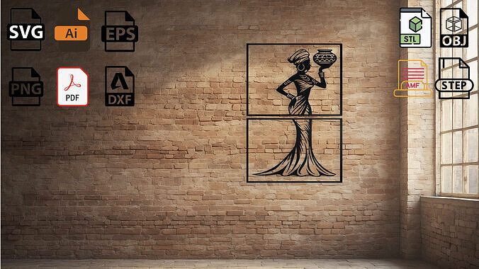 African Woman with Pot Silhouette Wall Art 3D print model