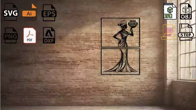 African Woman with Pot Silhouette Wall Art 3D print model