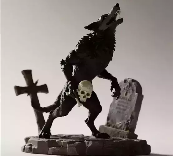 841 Ivory Werewolf Howling with Skull  3D Model beast  gothic