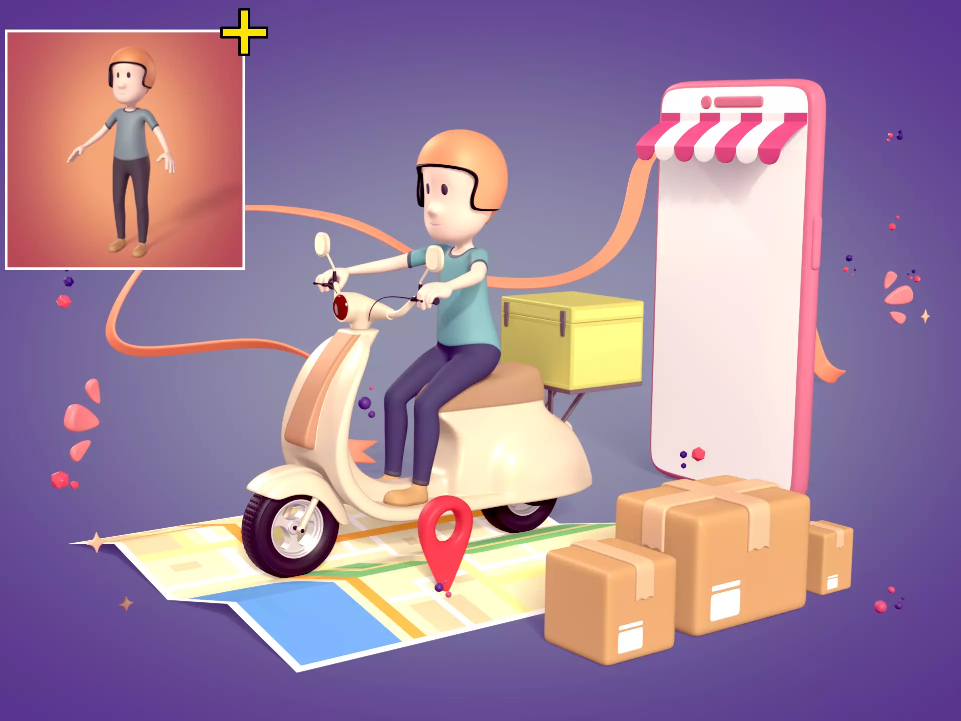 Cartoon Scooter Scene -- Man Character Stickman Smartphone Shop 3D model
