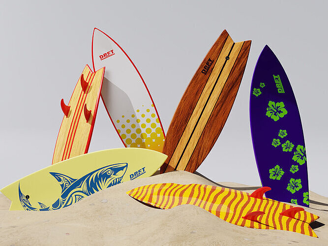 Fishboard Surfboard with 6 Graphic Design Variants Low-poly 3D model