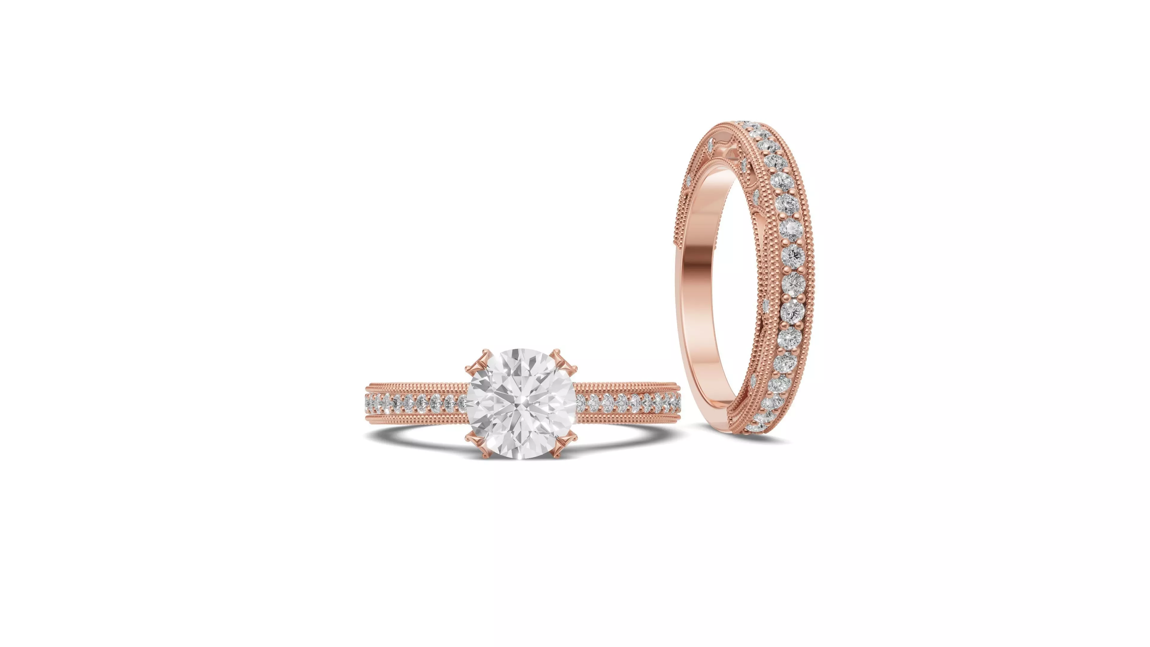 Solitaire Engagement Ring and Matching Band 3D print model_0
