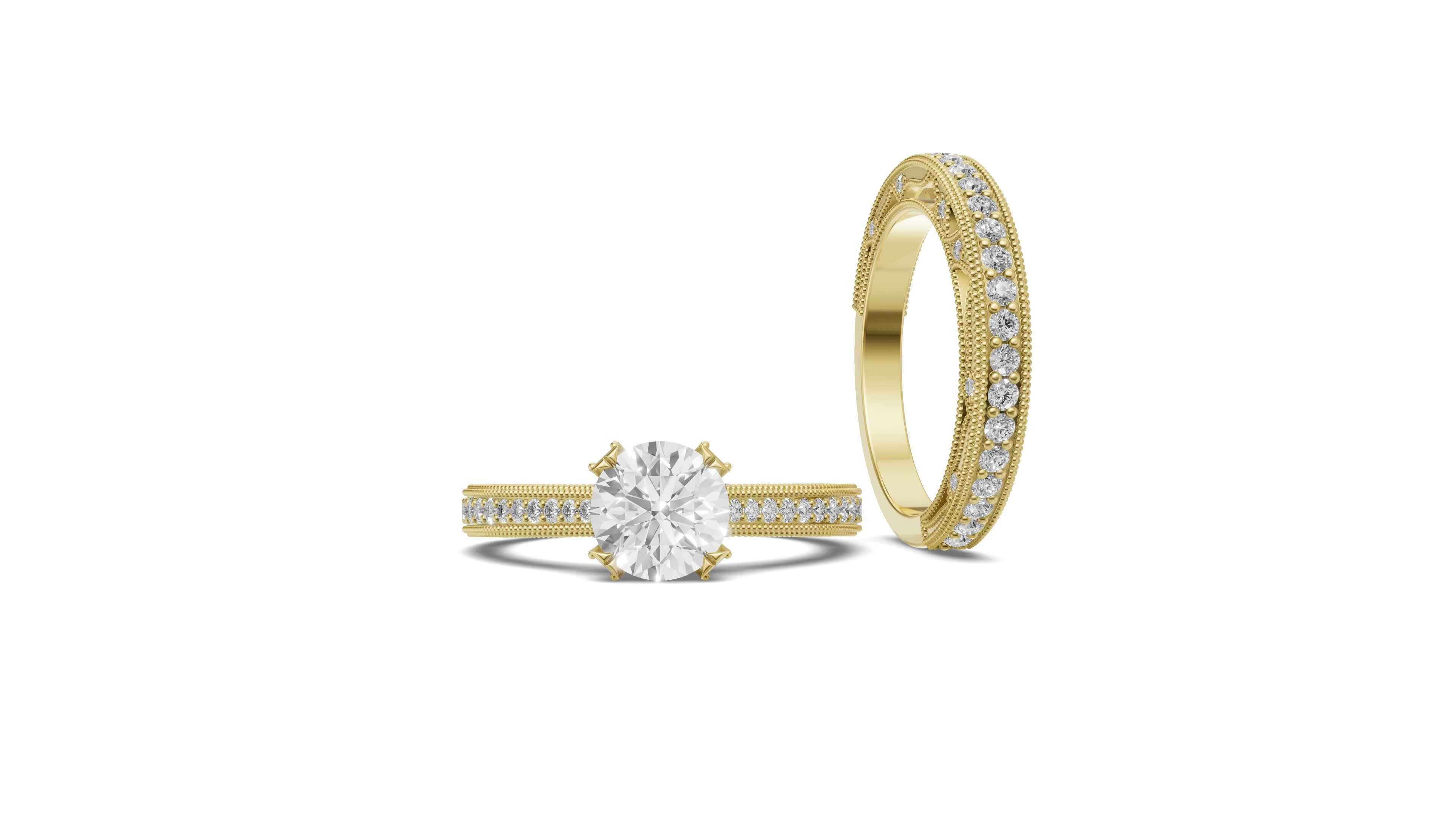 Solitaire Engagement Ring and Matching Band 3D print model_3