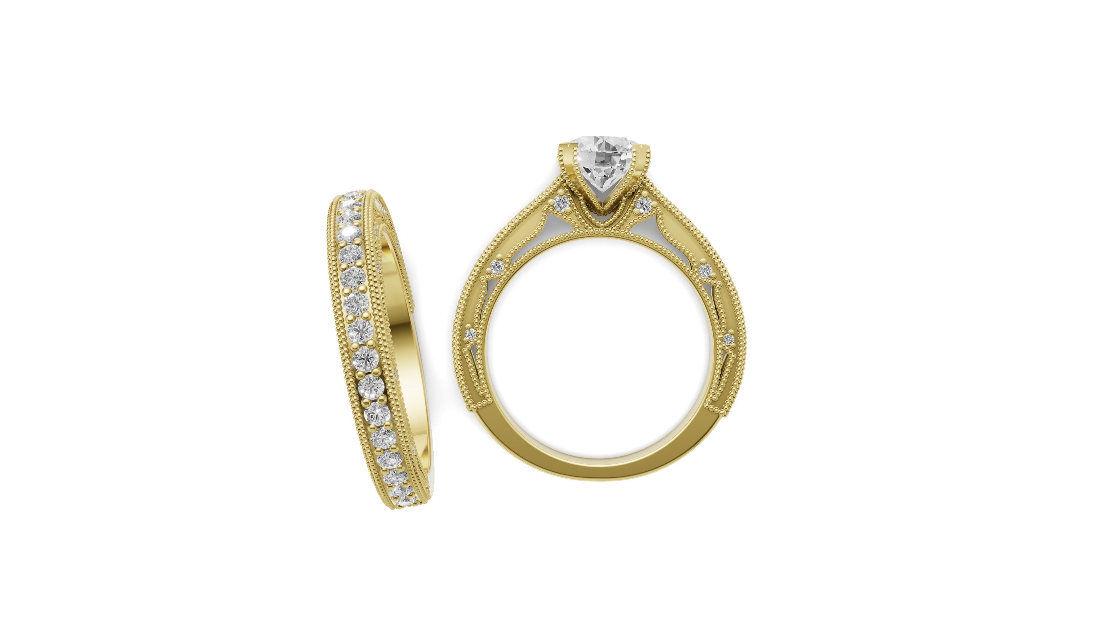Solitaire Engagement Ring and Matching Band 3D print model_9