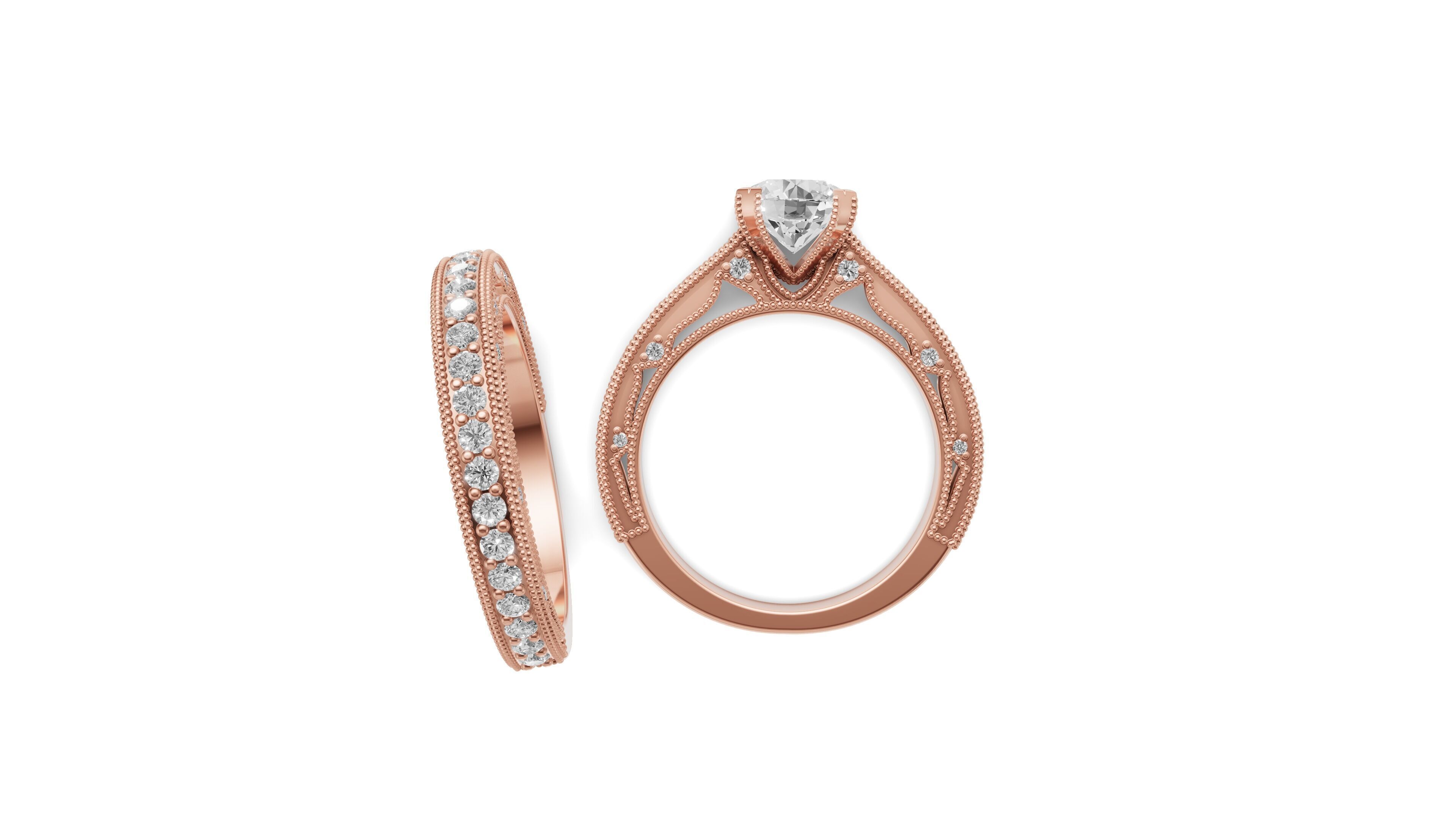 Solitaire Engagement Ring and Matching Band 3D print model_7