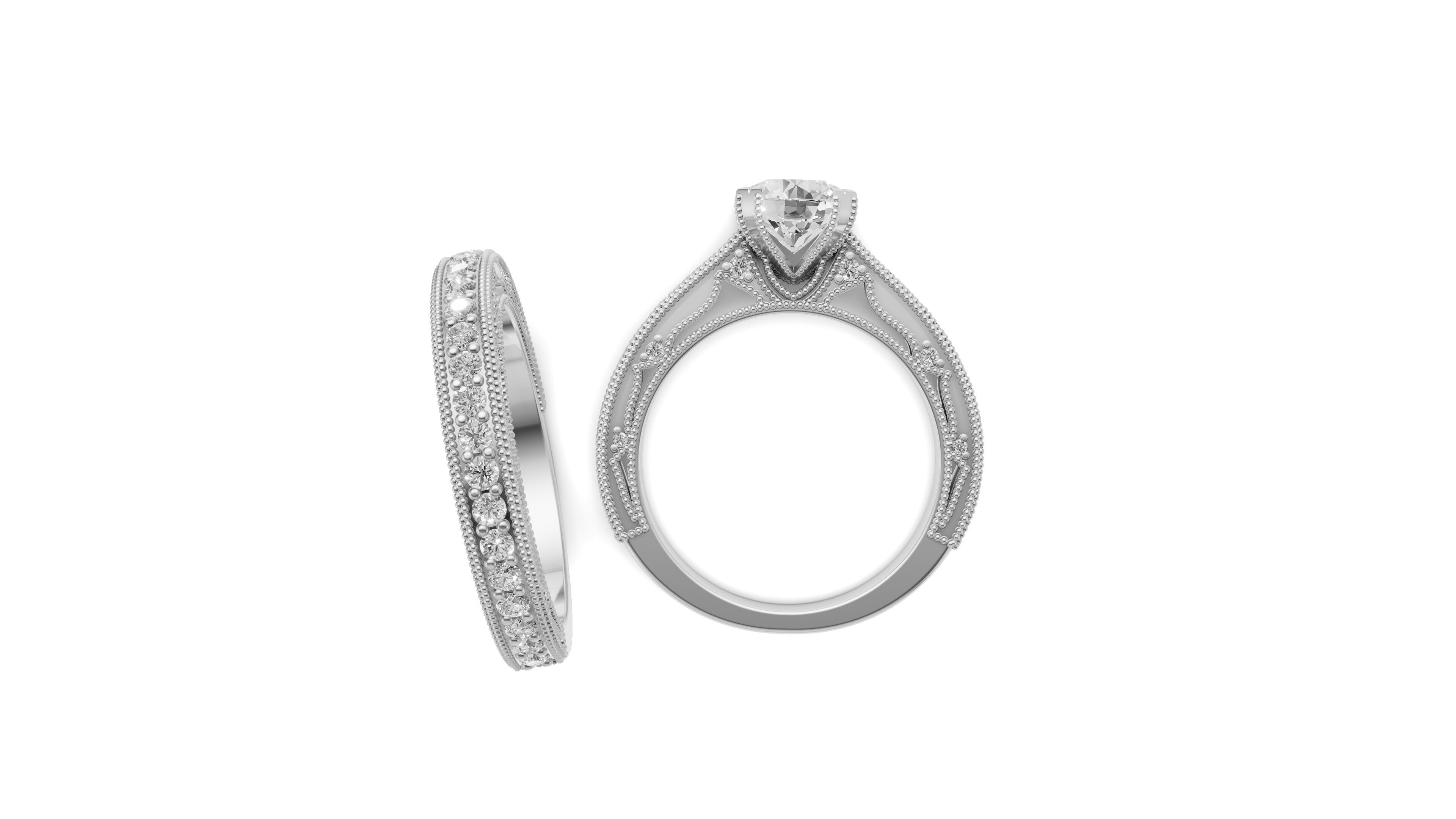 Solitaire Engagement Ring and Matching Band 3D print model_8