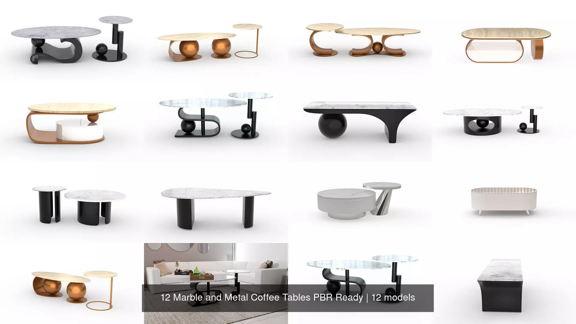 12 Marble and Metal Coffee Tables PBR Ready 3D Model Collection_0