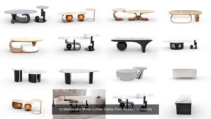 12 Marble and Metal Coffee Tables PBR Ready 3D Model Collection