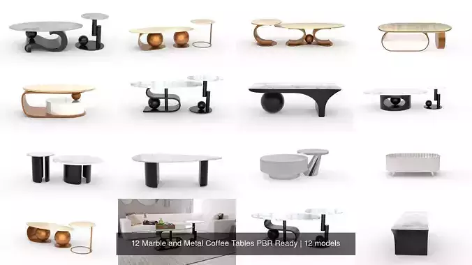 12 Marble and Metal Coffee Tables PBR Ready 3D Model Collection