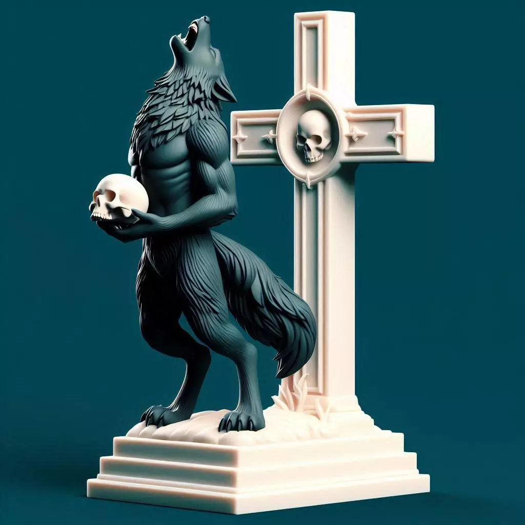 845 Ivory Werewolf Howling with Skull 3D Model horror 3D print model_0