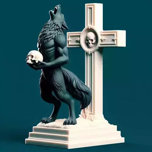 845 Ivory Werewolf Howling with Skull  3D Model  horror