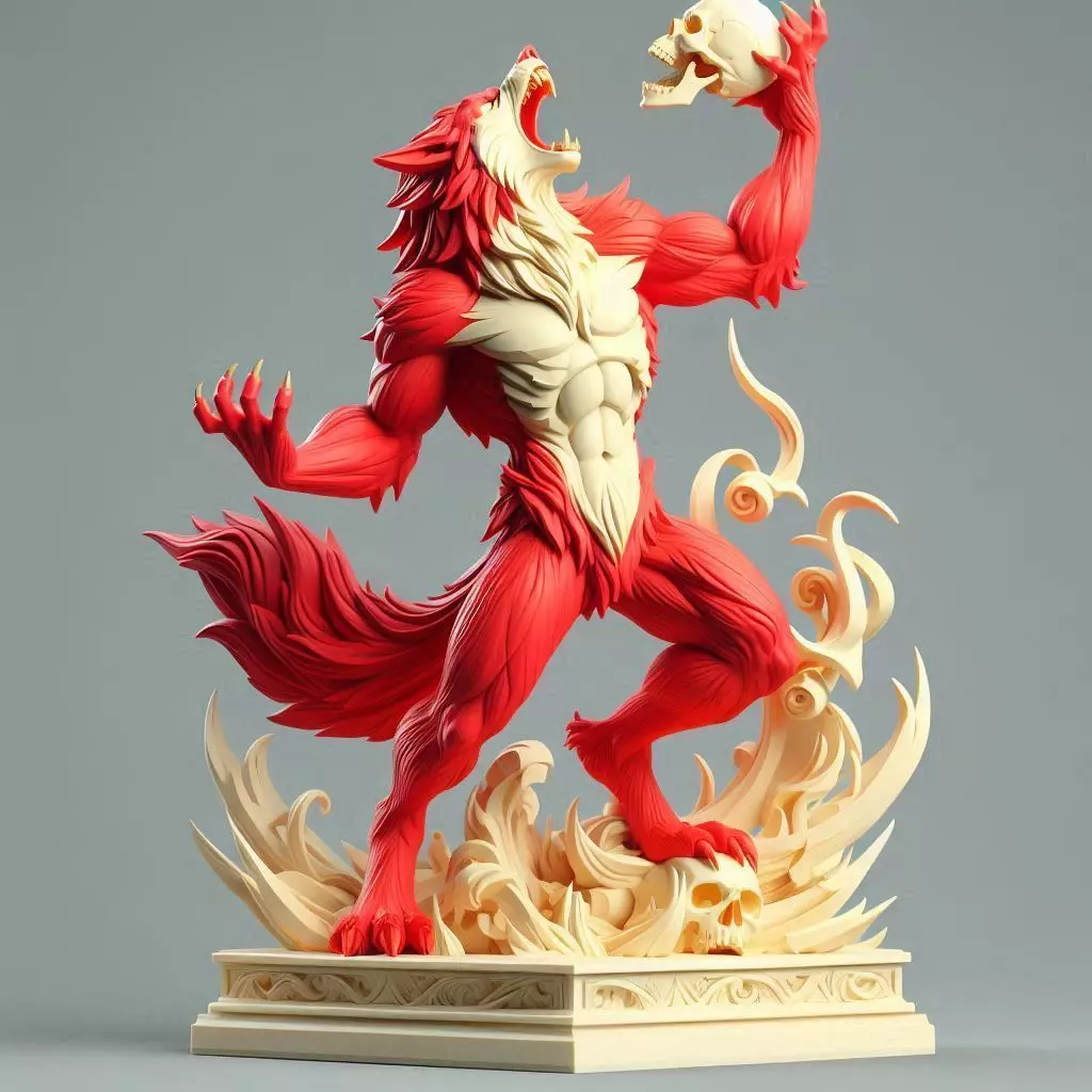 848 Ivory Werewolf Howling with Skull  horror beast 3D print model_0